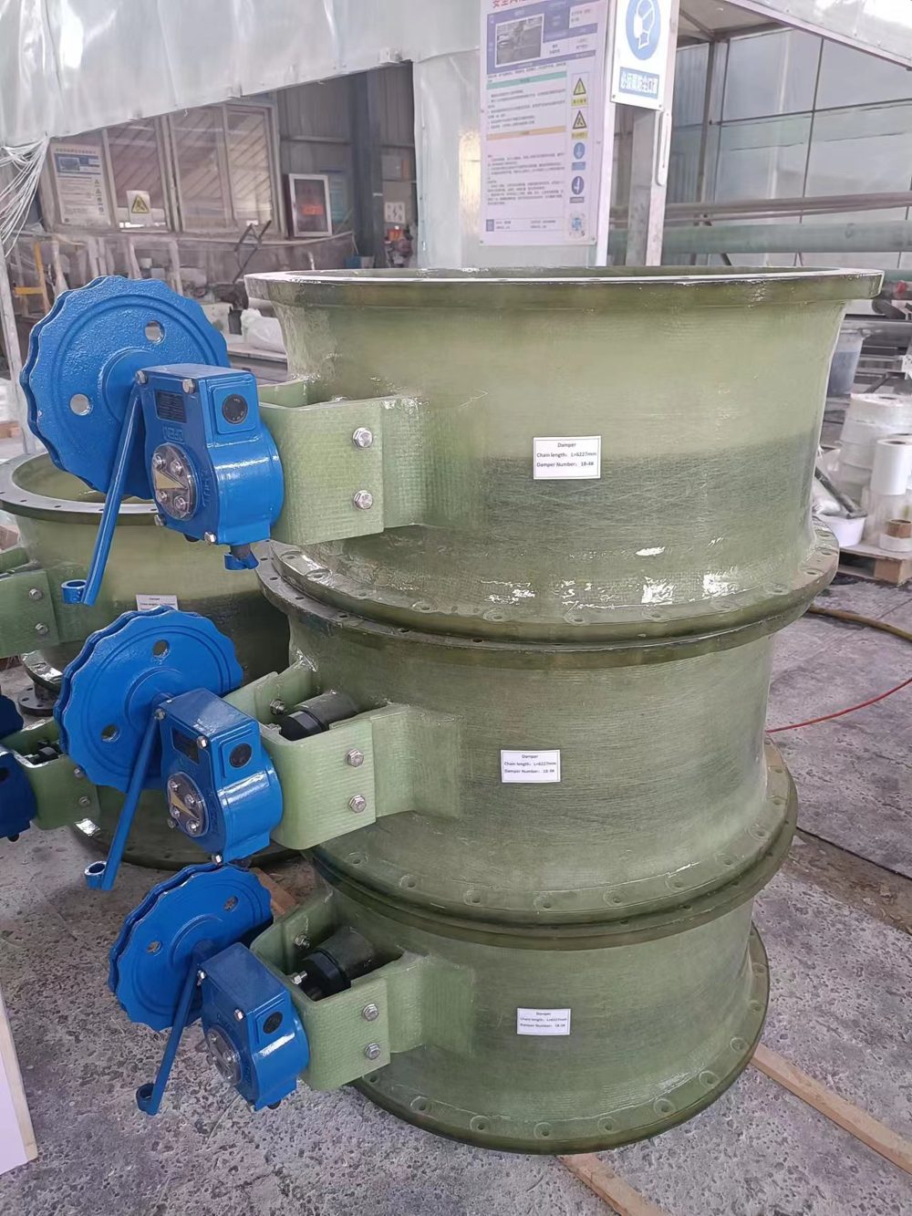 FRP butterfly dampers with worm-gear operators for gas isolation