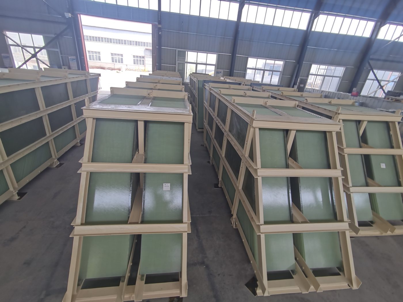 Row of finished FRP lamella plate packs for clarifiers and thickeners