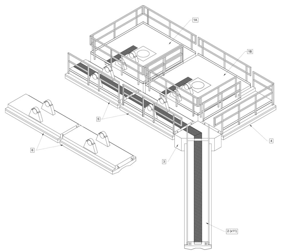 Isometric general arrangement of a two-barge FRP floating pump system with walkways and pipe floats
