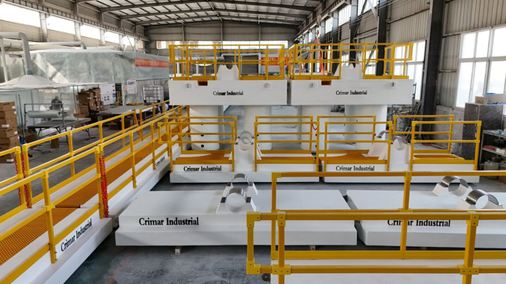 Two FRP pump barges with yellow fiberglass handrail behind fitted-out walkway floats and pipe floats with saddle supports